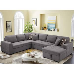123 in. U Shaped Pull Out Sectional Sofa Bed Couch with Storage Chaise and Pillows for Large Space Dorm Apartment, Gray