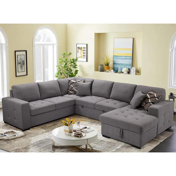 Magic Home 123 in. U Shaped Pull Out Sectional Sofa Bed Couch with