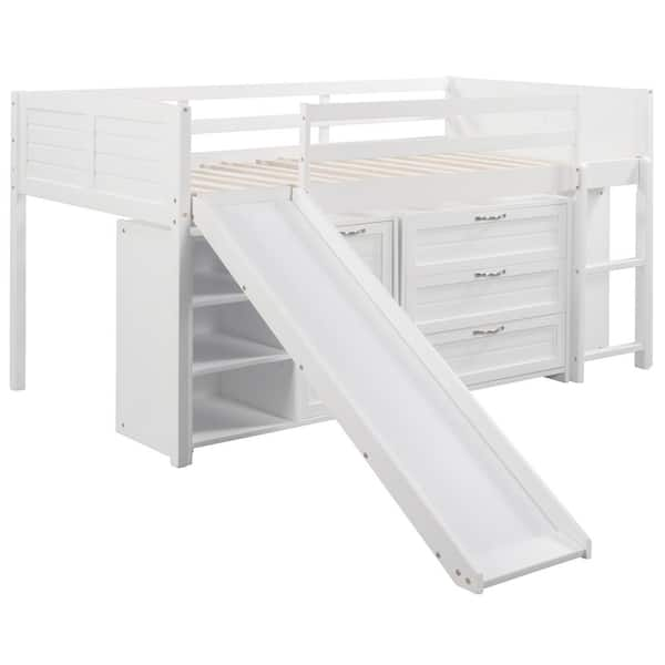 Harper Bright Designs White Low Twin Size Loft Bed With Drawers Shelves And Slide Qmy008aak