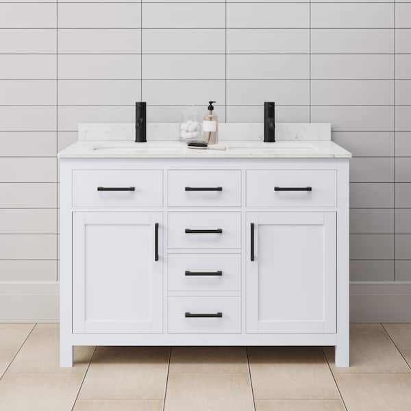 Wyndham Collection Beckett 48 in. W x 22 in. D x 35 in. H Double Sink Bathroom Vanity in White with Carrara Cultured Marble Top