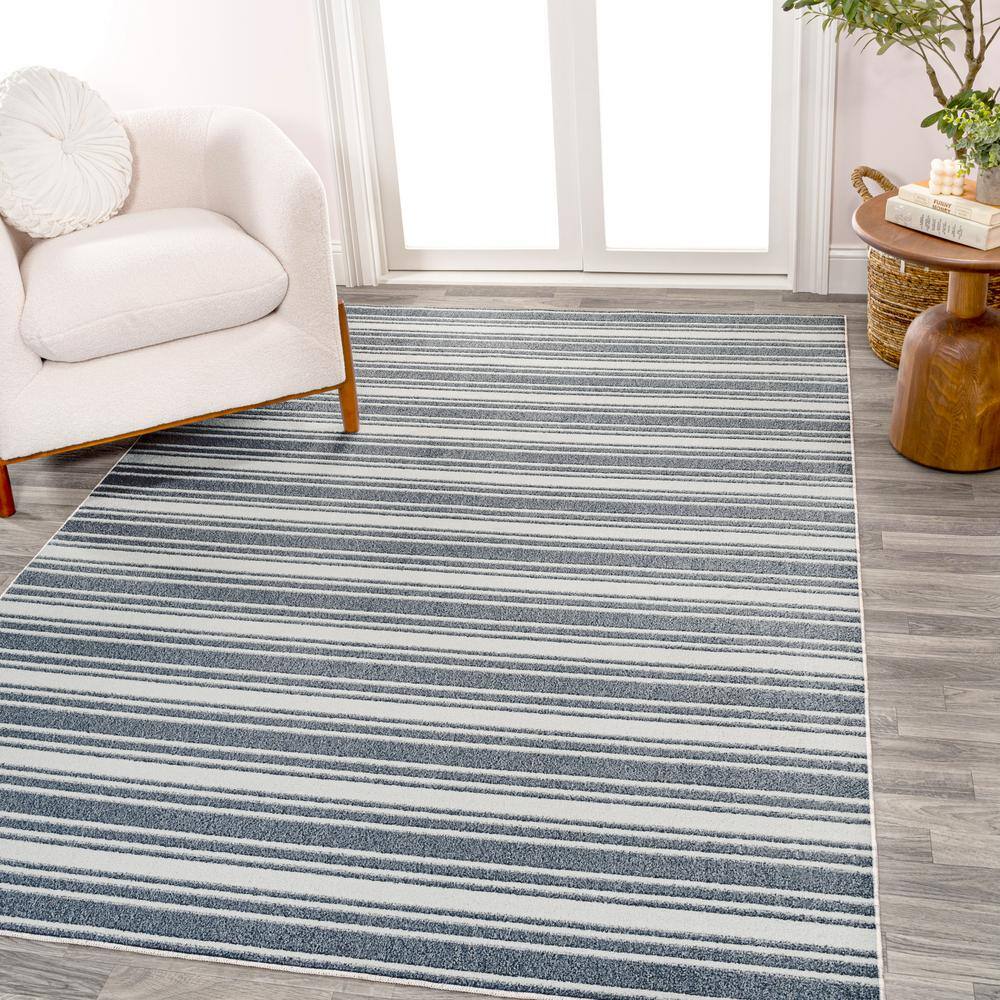 Cream and Dark Gray Striped Washable Synthetic Area Rug