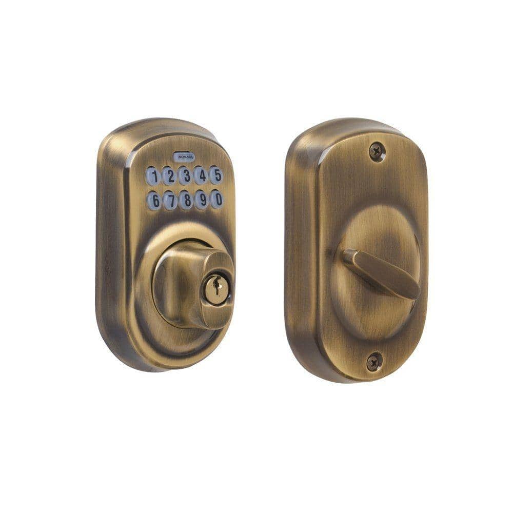Schlage Plymouth Antique Brass Electronic Keypad Deadbolt BE365 PLY 609  The Home Depot