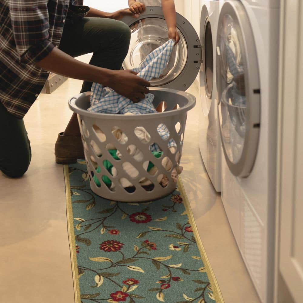 Seafoam Green Floral Non-Slip Hallway Runner Rug