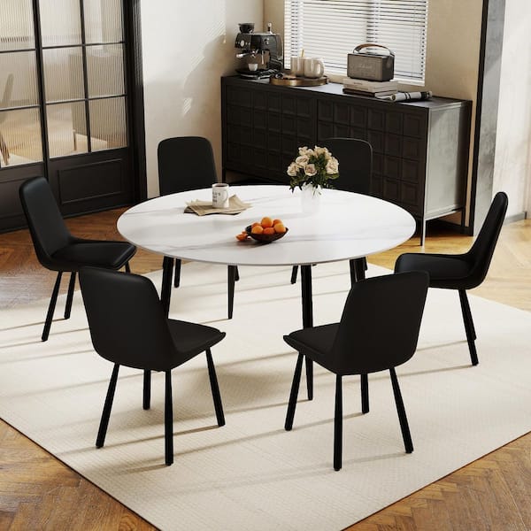 (Set of 6) Black Faux Leather Upholstered Dining Chairs Kitchen Chairs with Metal Legs