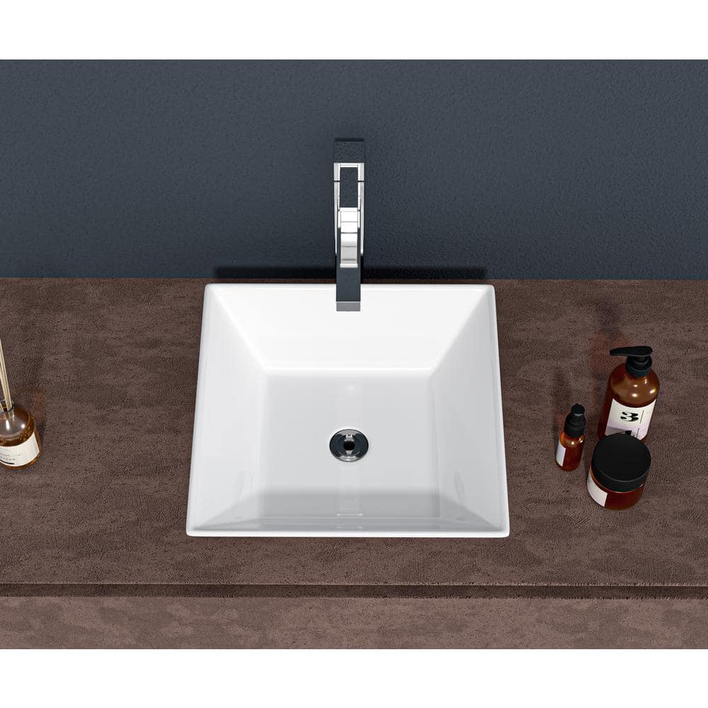 16-Inch White Ceramic Square Vessel Bathroom Sink