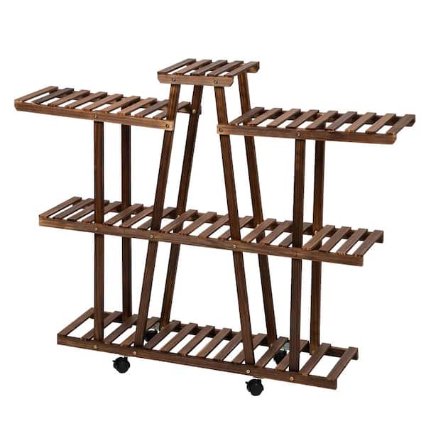 Cisvio 37.4 in. 3-Layer 9-Seat Indoor and Outdoor Brown Multi-Functional Carbonized Ribbon Wheel Wooden Plant Stand