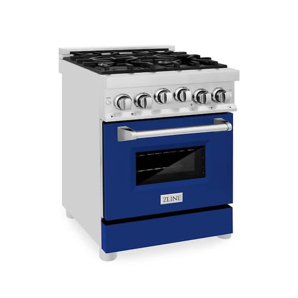 ZLINE Kitchen and Bath 24 in. 4 Burner Single Oven Gas Range with Blue Gloss Door in Stainless Steel