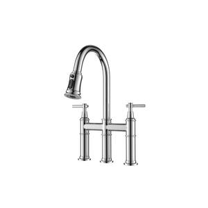 Modern Double Handle Bridge Kitchen Faucet with Pull Out Spray Wand and Spot Resistant, High Arc, Solid Brass in Chrome