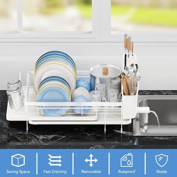 Adjustable Dish Drying Rack, Stainless Steel Expandable Dish Rack with Swivel Spout & Removable Utensil Holder, White