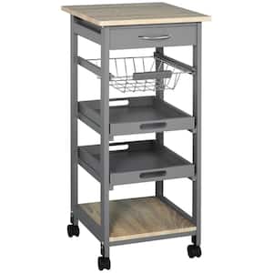 Gray Wood 14.5 in. Kitchen Island Trolley Serving Cart with Underneath Drawer and Slide-Out Wire Storage Basket