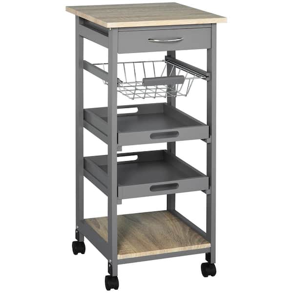 Unbranded Gray Wood 14.5 in. Kitchen Island Trolley Serving Cart with Underneath Drawer and Slide-Out Wire Storage Basket