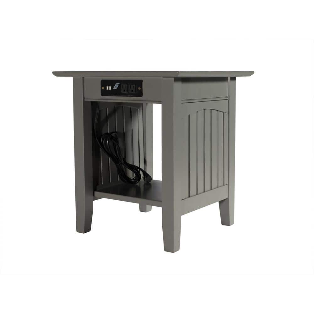 Gray Solid Wood End Table with Charging Station