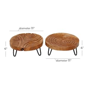 Brown Teak Wood Intricate Carved Floral Decorative Tray (Set of 2)