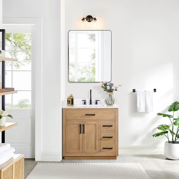 Altair Gavino 36 in. W x 22 in. D x 34 in. H Single Sink Bath Vanity in Light Brown with White Composite Stone Top and Mirror