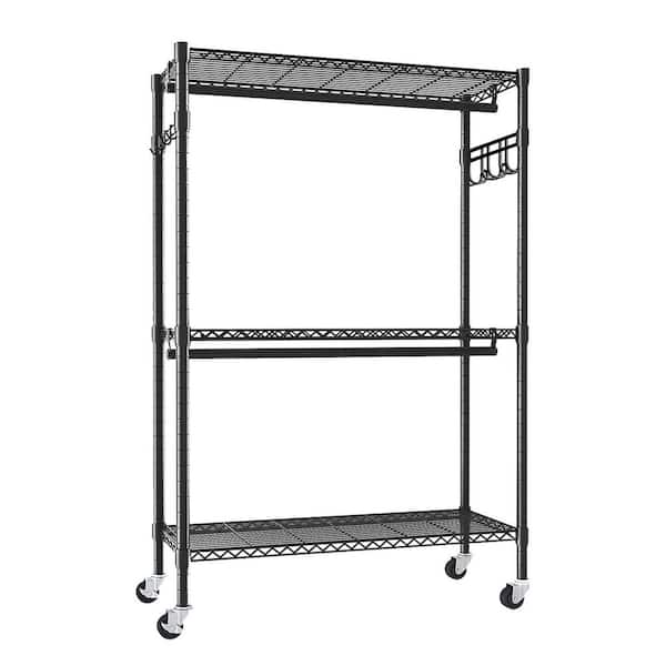 Black Metal Rolling Clothes Rack with Shelves, Double Hanging Rods, Hooks, Locking Casters 45 in. W x 80 in. H