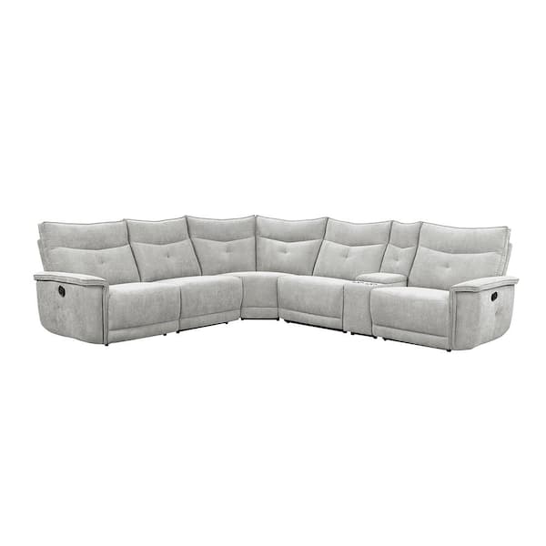 Lazzara Marta 132 in. Straight Arm 6-piece Textured Fabric Modular Reclining Sectional Sofa in Mist Gray