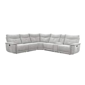 Marta 132 in. Straight Arm 6-piece Textured Fabric Modular Reclining Sectional Sofa in Mist Gray