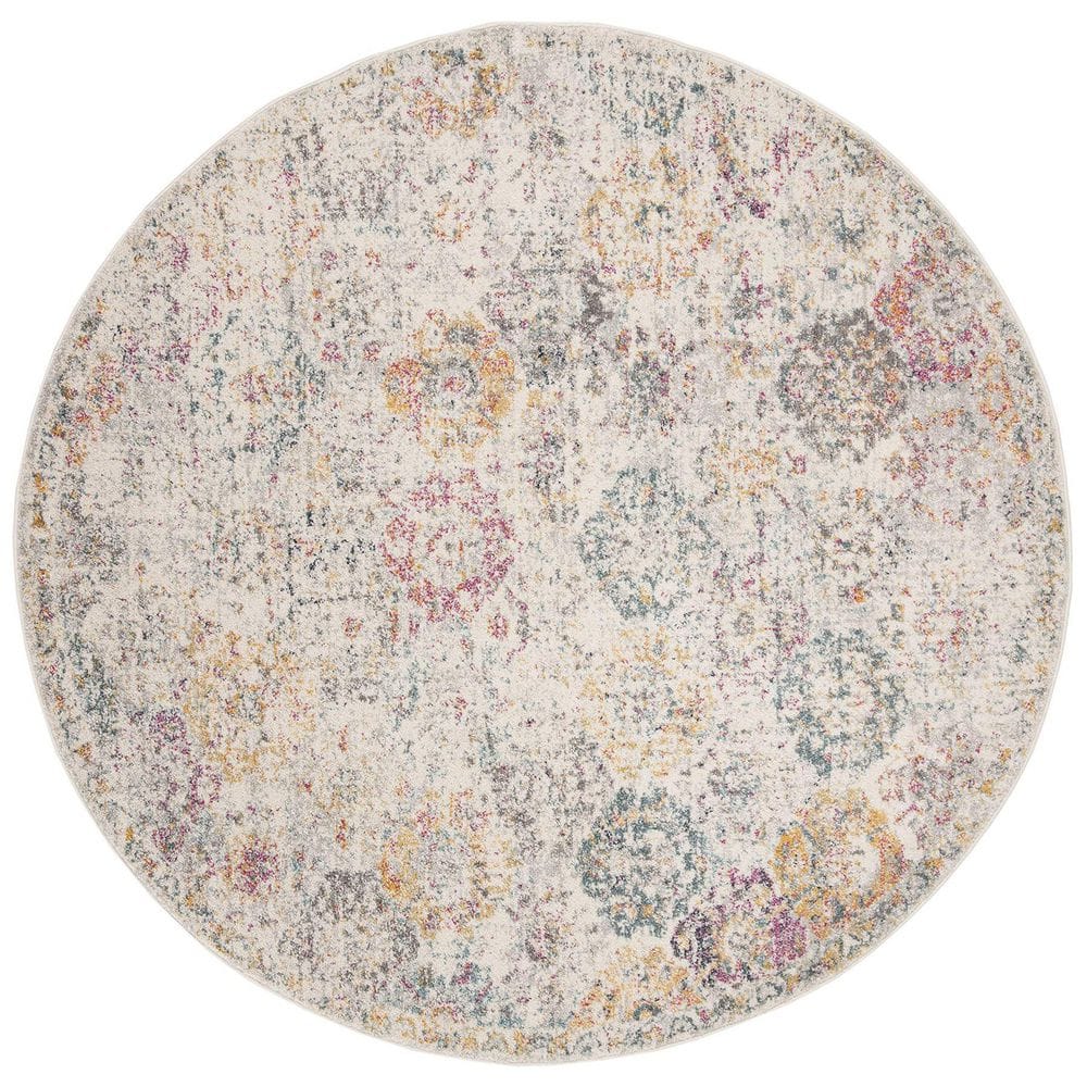 Gray Polypropylene 4 ft. x 4 ft. Floral Indoor Round Area Rug