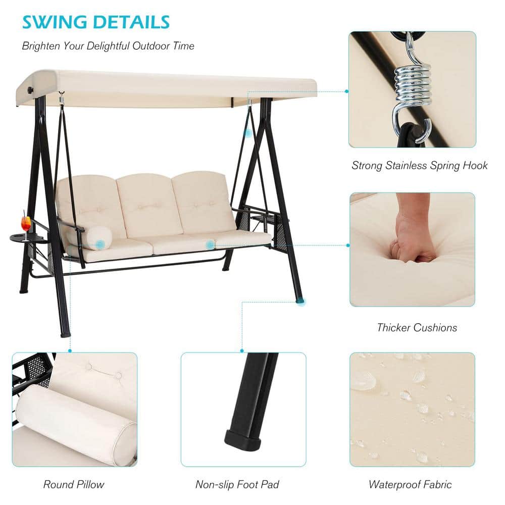 Beige Steel Frame 3-Person Patio Swing with Canopy and Cushions