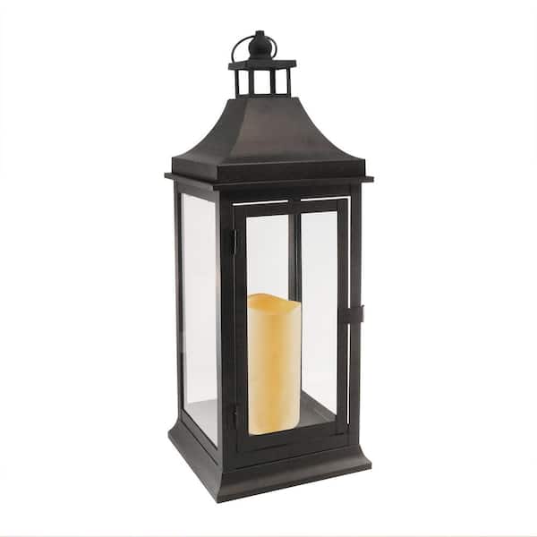 LUMABASE 7.125 in. x 19.5 in. Matte Black Tall Classic Lantern with LED Candle