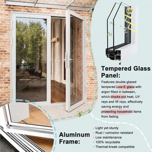 72 in. x 80 in. Double Slide White Aluminum Double Tempered Glass Center-Hinged Patio Door