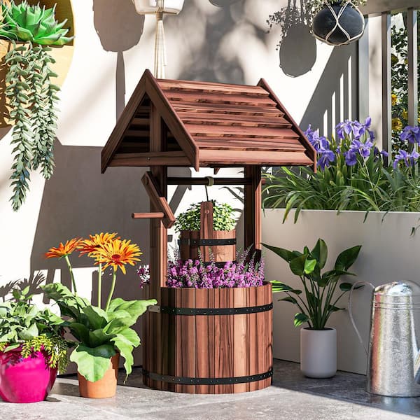 Outsunny - Wishing Well for Outside, Wood Wishing Well Planter with Hanging Bucket, Decorative Planter, Carbonized
