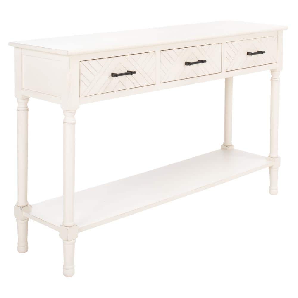Distressed White Wooden Console Table with 3 Drawers and Storage Shelf