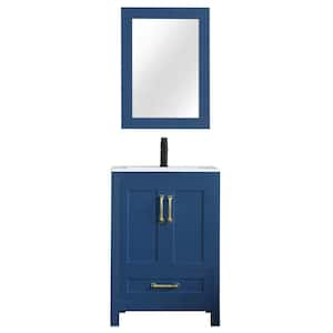 24 in. W x 18.3 in. D x 34 in. H Single Sink Bath Vanity in Blue with Ceramic Top and Mirror Drain Faucet Set