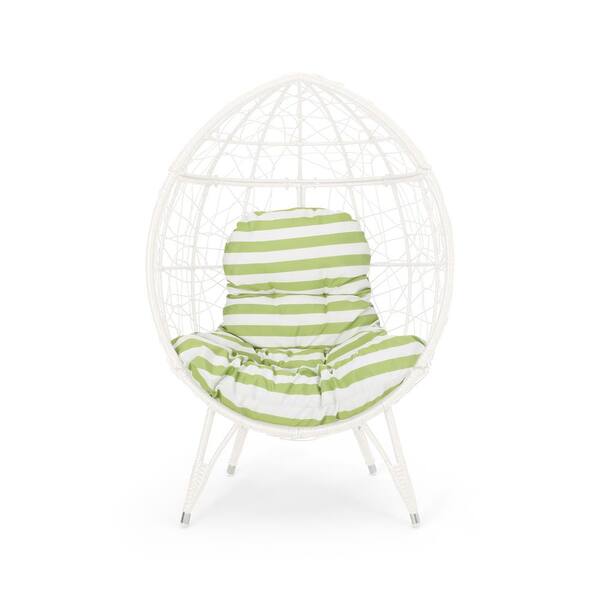 Sudzendf White Wicker Outdoor Teardrop Lounge Chair With Cushion in Green