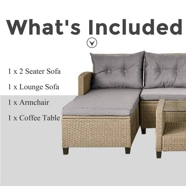 4-Piece Beige Brown Wicker Patio Set with Gray Cushions