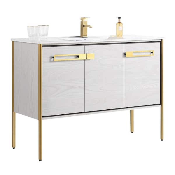 FINE FIXTURES Oakville 48 in. W x 18.32 in. D x 33.5 in. H Bath Vanity in Mild Grey Oak with White Ceramic Top
