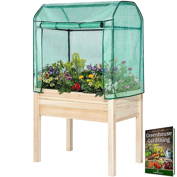 BACKYARD EXPRESSIONS PATIO · HOME · GARDEN Large 36 in. x 24 in. Tan Wood Raised Planter Box with Greenhouse