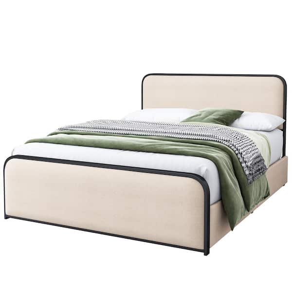 Beige Metal Frame Queen Size Platform Bed with Curved Upholstered Headboard and Footboard and 4 Drawers