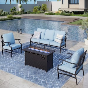 Black Meshed 5 Seat 4-Piece Metal Steel Outdoor Fire Pit Patio Set with Blue Cushions, Black Rectangular Fire Pit Table