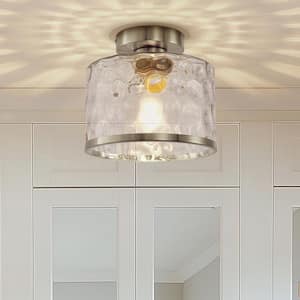 9 in. 1-Light Brushed Nickel Semi Flush Mount Ceiling Light Industrial Clear Water Glass for Hallway Kitchen Bathroom