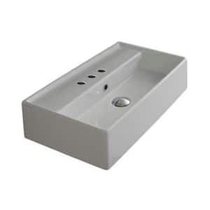 Teorema Wall Mounted Vessel Bathroom Sink in White with 3 Faucet Holes