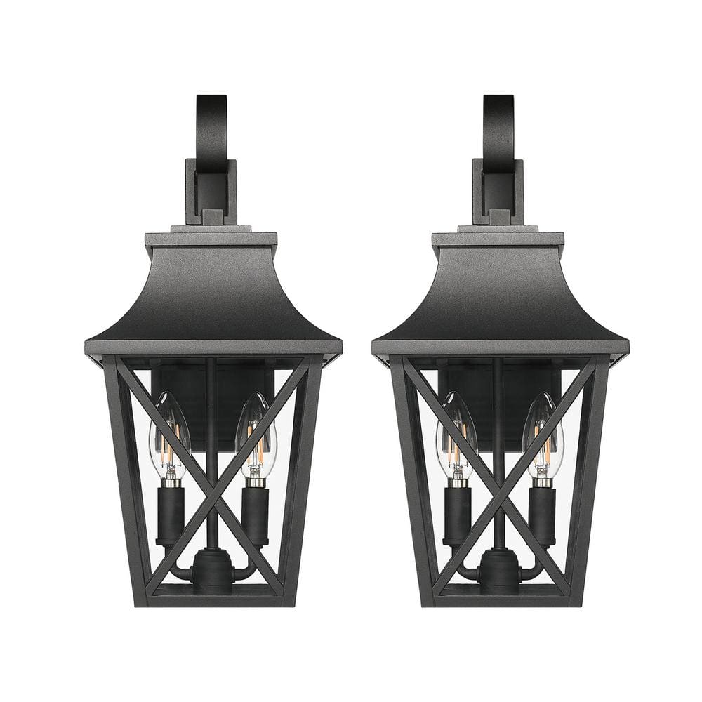 15.88 in. 2-Light Waterproof Black Outdoor Hardwired Wall Lantern Sconce wi