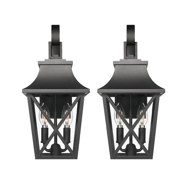 Jushua 15.88 in. 2-Light Waterproof Black Outdoor Hardwired Wall Lantern Sconce with Clear Glass, No Bulbs Included (2-Pack)