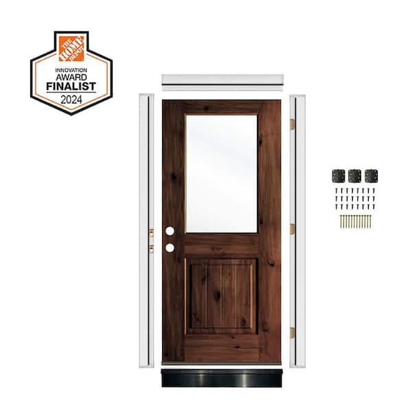 DIY RTA Kit 32in.x80in. Right-Handed Clear Glass Window Mahogany Stain Knotty Alder Wood Ready To Assemble Front Door