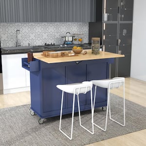 Dark Blue Solid Rubber Wood Drop Leaf Breakfast Bar 52.7 in. Rolling Mobile Kitchen Island with Spice and Towel Rack