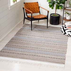 Striped Kilim Black Ivory 8 ft. x 10 ft. Border Striped Area Rug