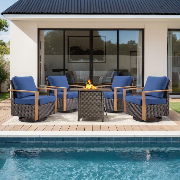 FanKan Brown 5-Piece Wicker Outdoor Glider Chair Patio Deep Seating with Rectangular Fire Table and Blue Cushions