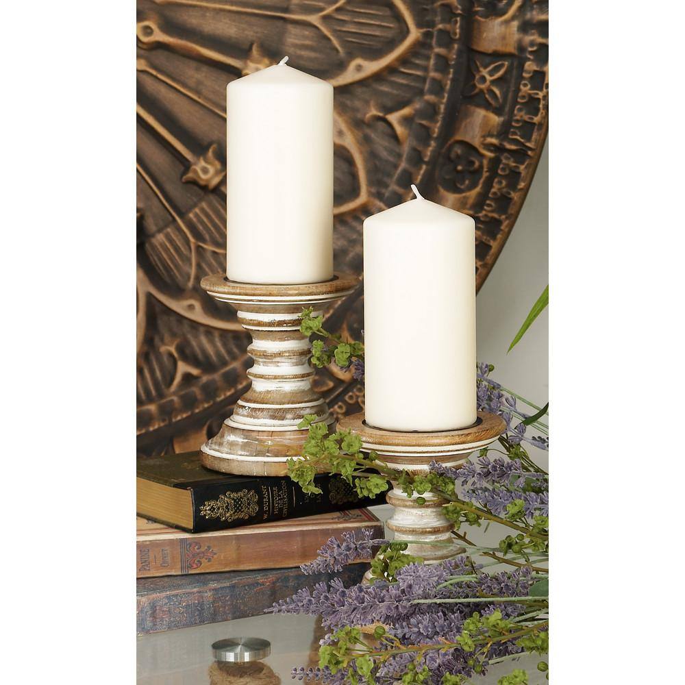 Rustic Light Brown Mango Wood Pillar Candle Holders, Set of 2