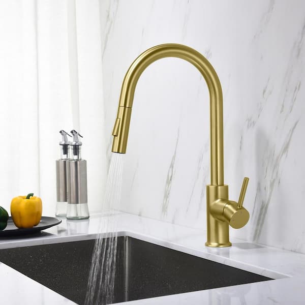 16.5 in. H Single Hole 1.8 GPM Pull Down Sprayer Kitchen Faucet with 360° Spout Swivel in Brushed Gold