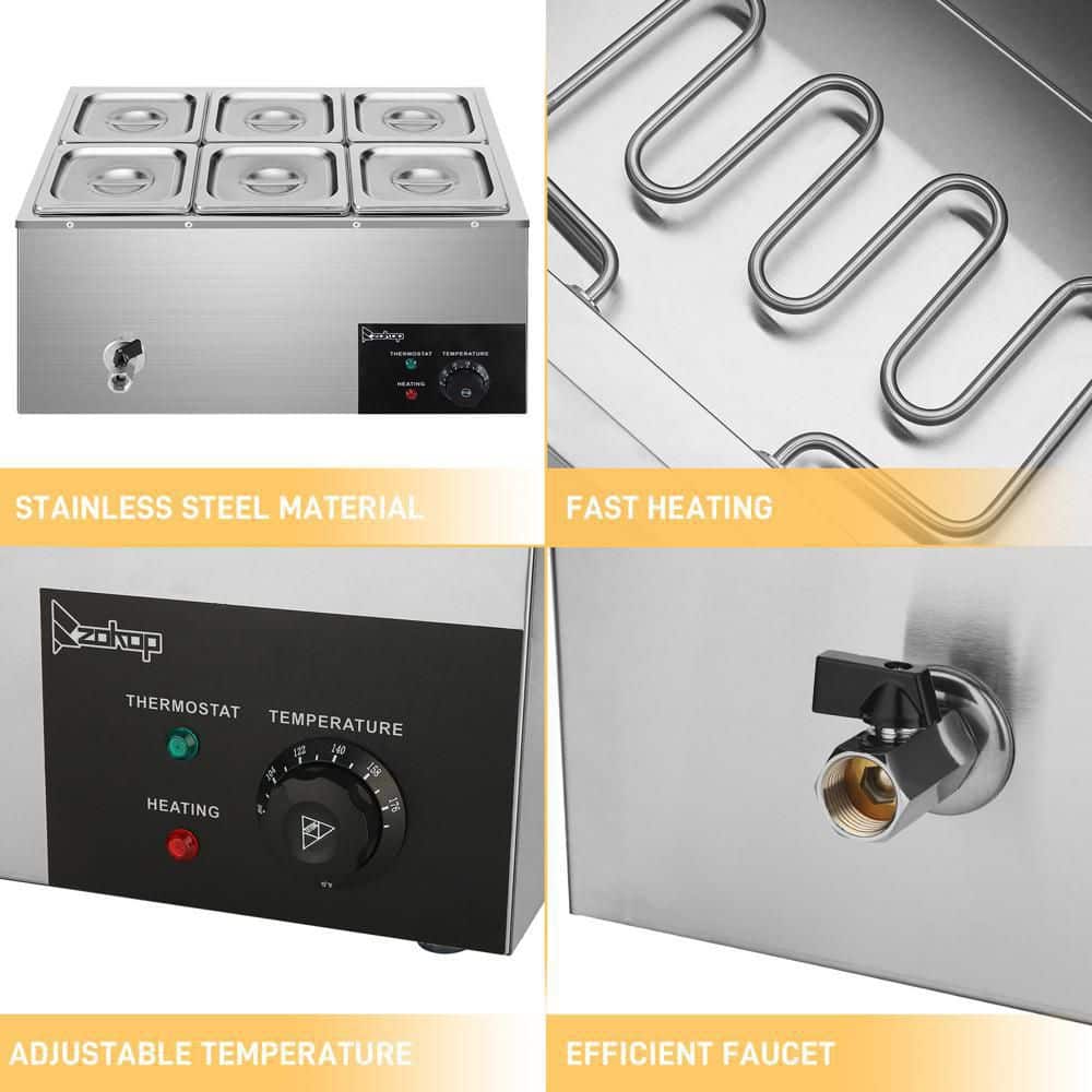 Stainless Steel 6-Pan Commercial Food Warmer with Adjustable Temperature