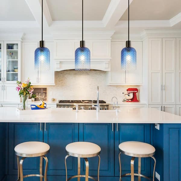 RRTYO Eleanore 1-Light Modern Black Cylinder Gradient Blue Glass Pendant  Light for Kitchen Island/Dining Room 81010000076478 - The Home Depot, image size:600x600