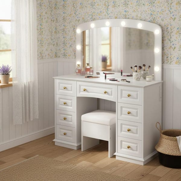 QELS Classic White Makeup Vanity Set with 9 Drawers, Hollywood Mirror with 10 LED Bulbs, Stool and Charging Station