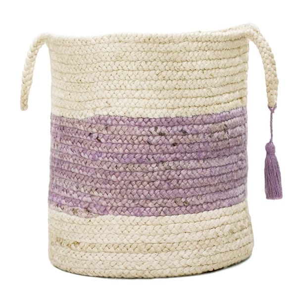 Unbranded Amara Bold Striped Off-White / Purple 17 in. Jute Decorative Storage Basket with Handles