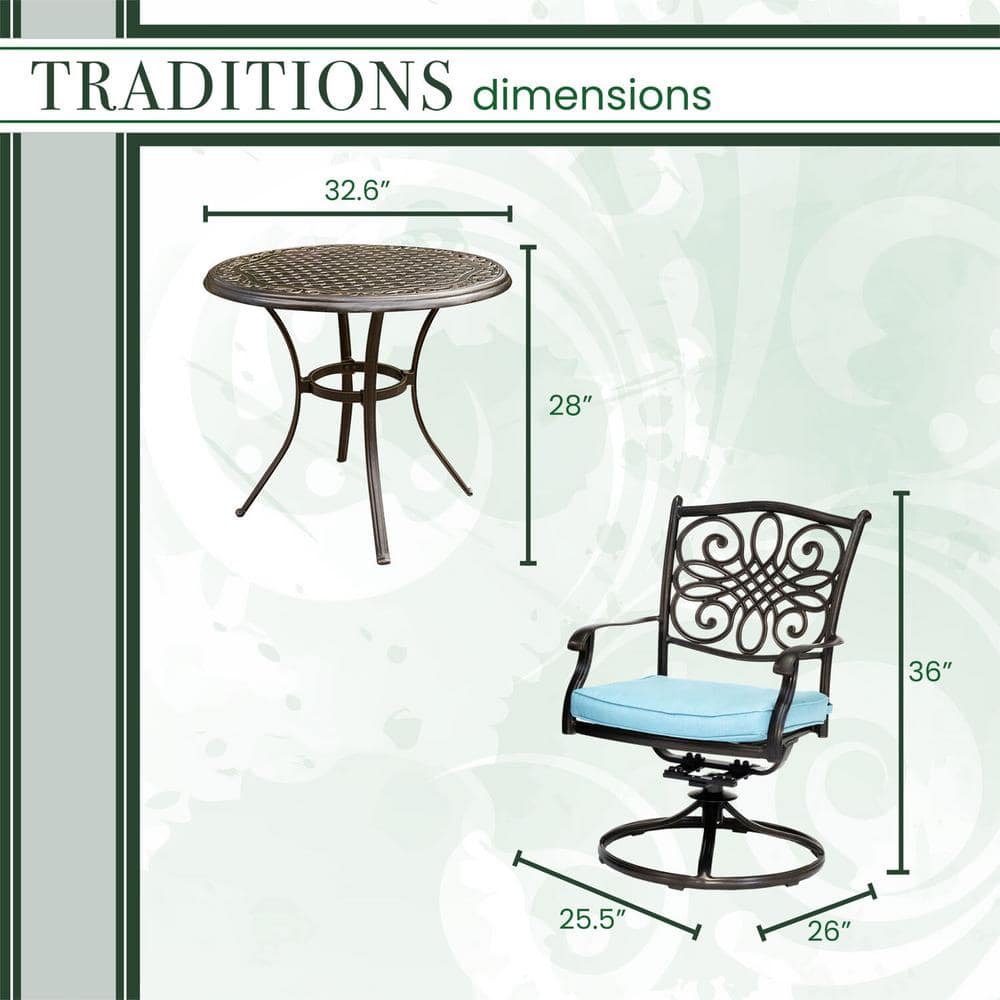 Bronze and Blue Aluminum 3-Piece Swivel Bistro Set