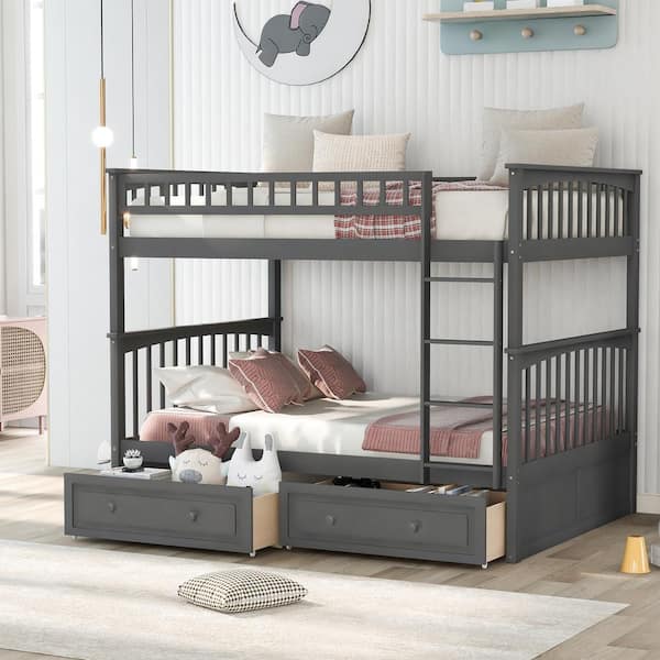 Qualler Gray Full over Full Convertible Bunk Bed with Drawers